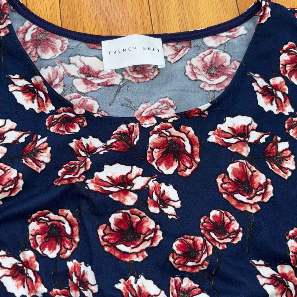French Grey Navy Floral Knit Dress Stretch & Soft size M - Picture 2 of 6